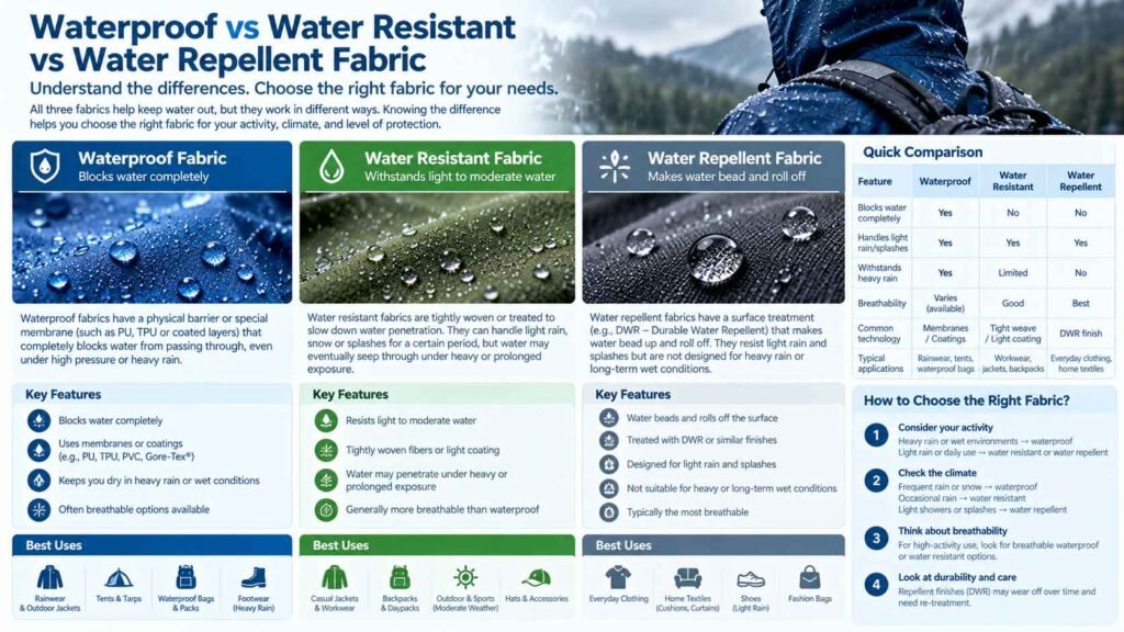 Waterproof vs Water Resistant vs Water Repellent Fabric